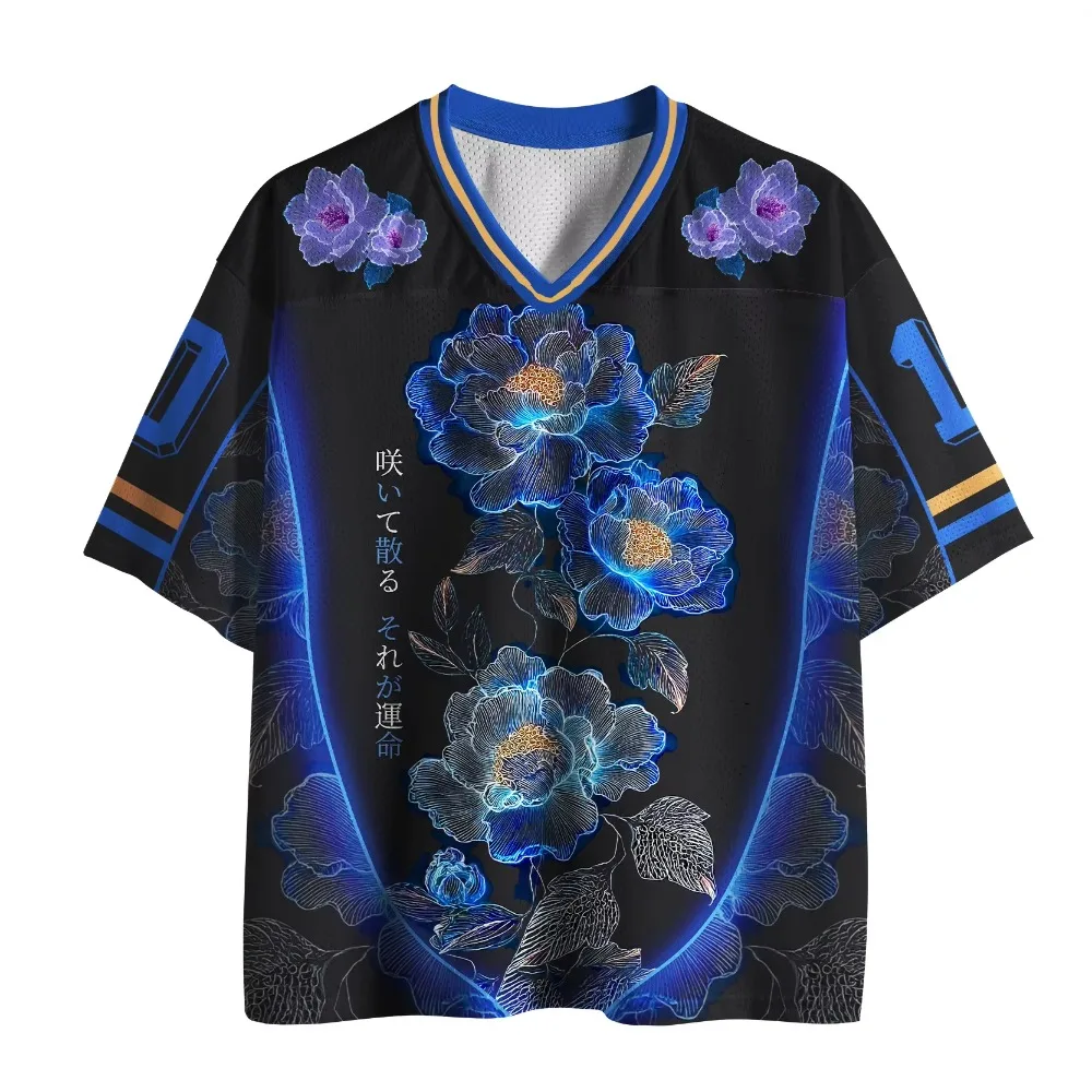 Retro Serene Blue Color Floral 3D Print  Breathable Sports Men Women Vneck Loose Tshirt Fashionable Street Y2K Parental Clothing