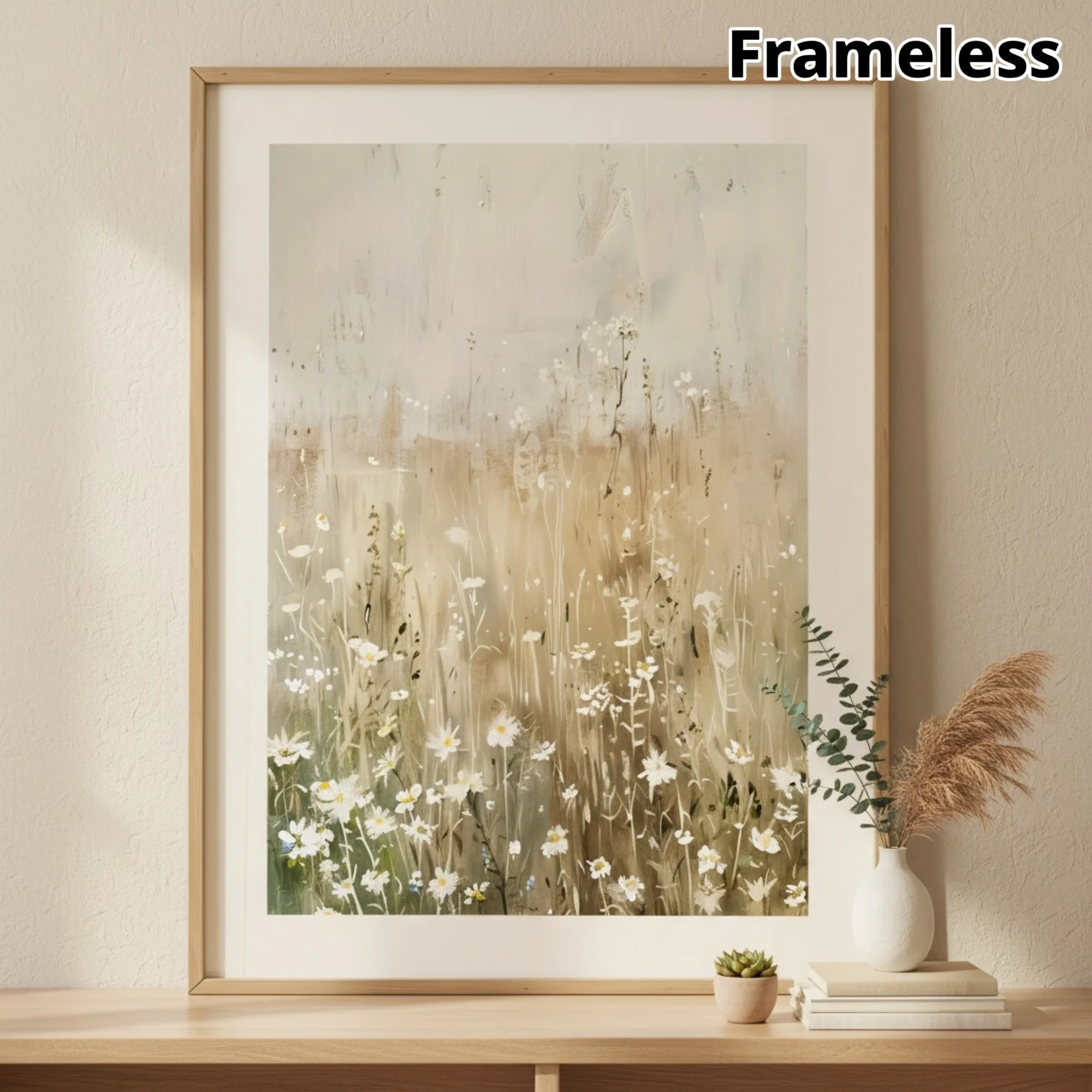 No Framed Wildflower Field Landscape Vintage Poster, Neutral Spring Farmhouse Canvas Painting,  Birthday Present, Living Room, B