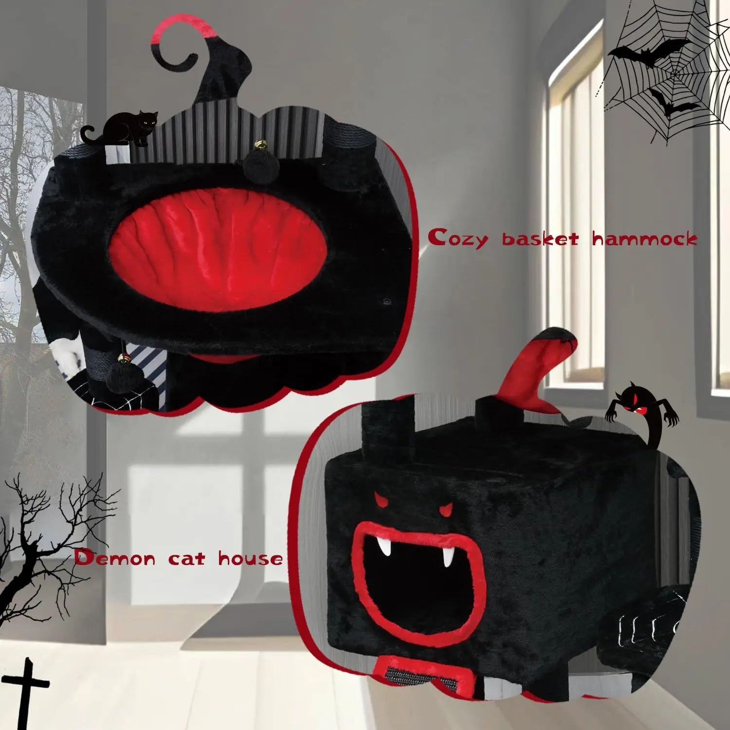 Gothic Cat Tree, 47in Black Cat Tower with Coffin Bed, Spooky Spacious Cat Condo, Coffin Bed with Thickened Soft Cushion, Sisal