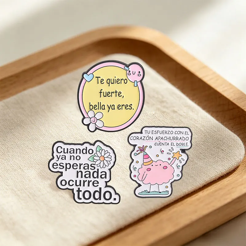 Cute Healing Badge Pins Brooch Cartoon Cloud Flower Enamel Te Quiero Fuerte Bella Ya Eres Slogan Lapel Pin Accessory  Props Gift