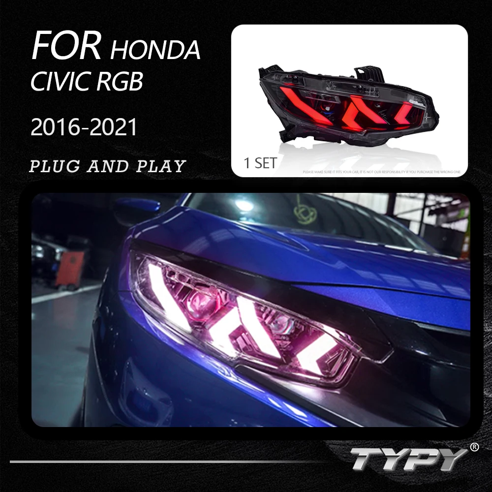 TYPY New LED Headlight Upgrade Modified Full Head Lamp For Honda CIVIC RGB 2016-2021 Turn Signals Daytime Running Lights