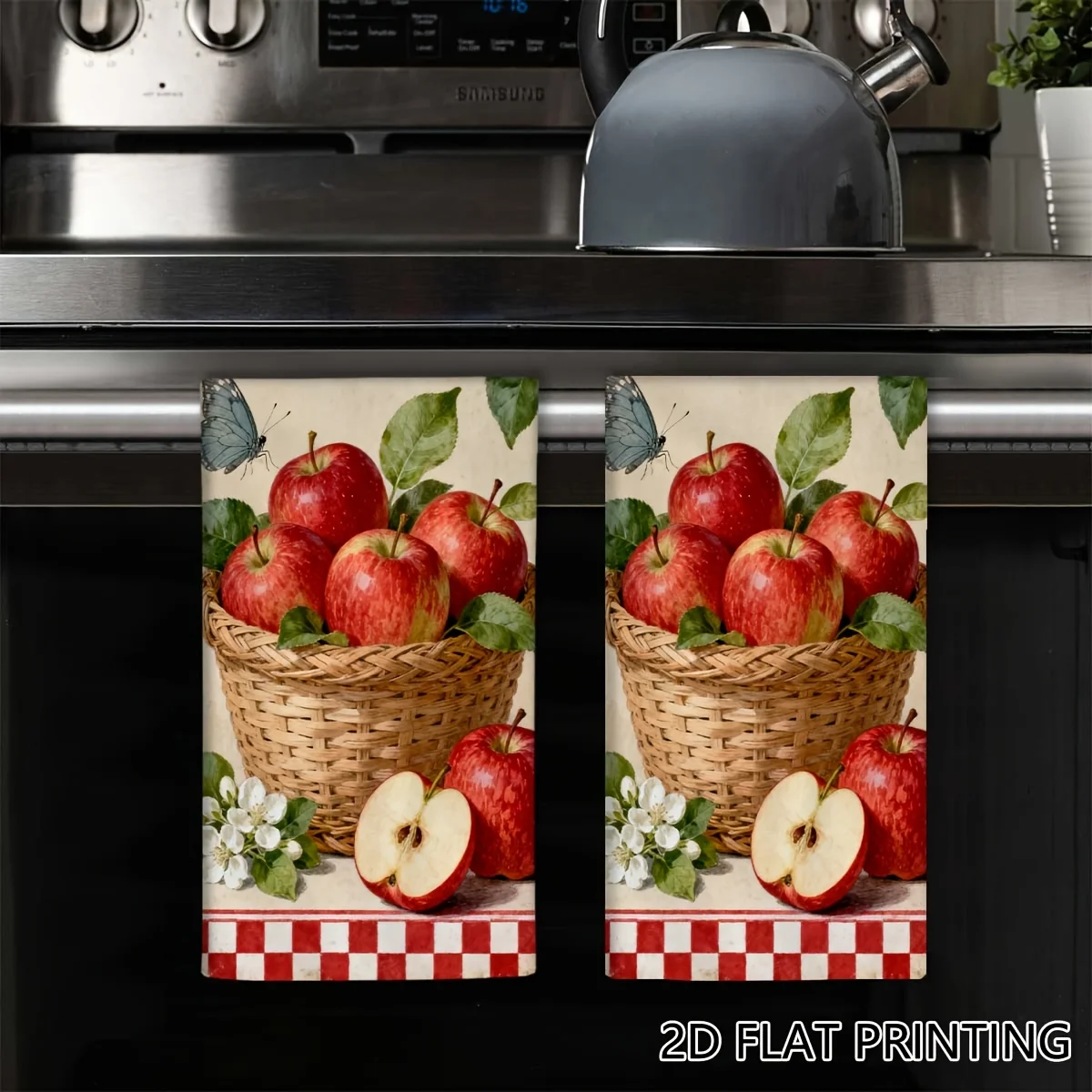 Cleaning cloth 2 PCs kitchen towel, red checked apple basket pattern
