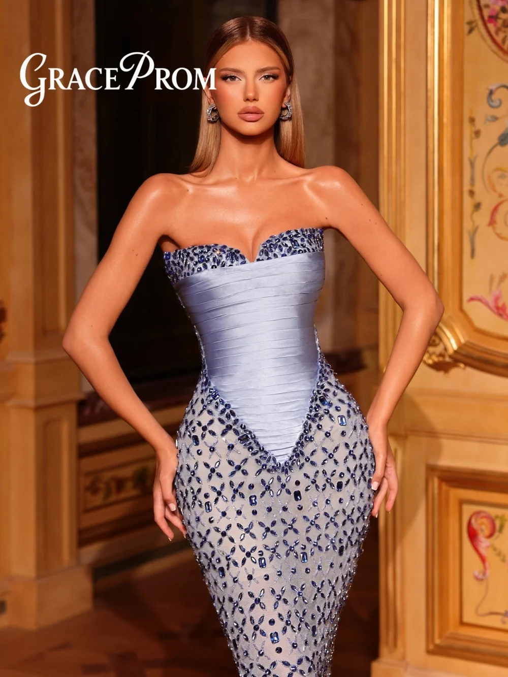 

Delicate Light Blue Crystal Evening Dress 2026 Romantic Sweetheart Carpet Gown Elegant A Line Floor Length Party Gownفساتي