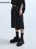 Mauroicardi Spring Summer Loose Casual Soft Black Pu Leather Shorts for Men Mens Elastic Waist Short Straight Pants Clothes 2023