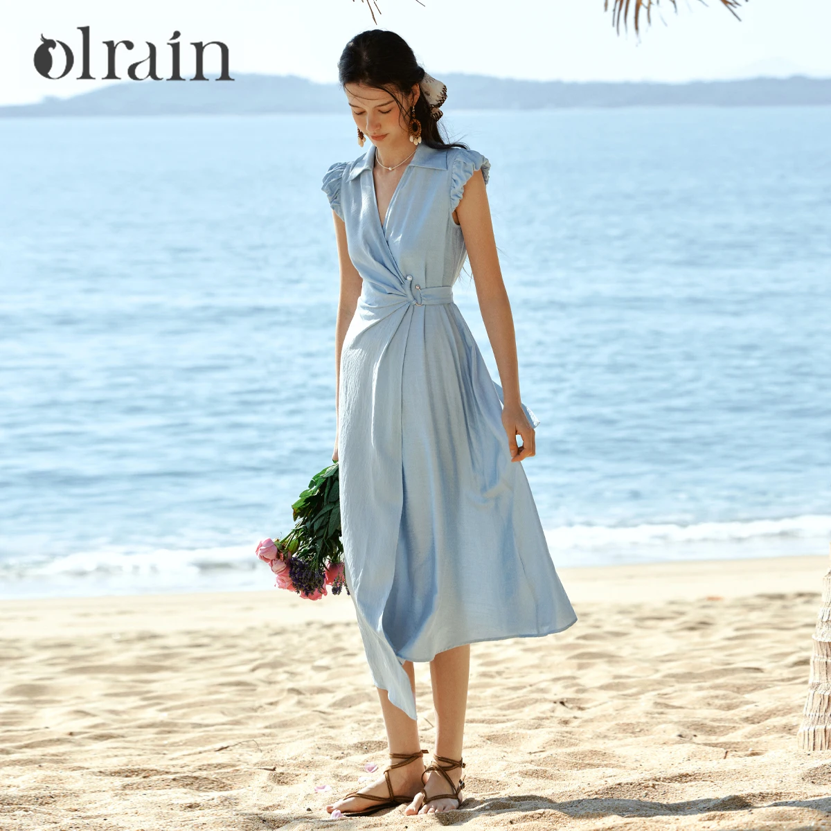 OLrain Damen Französisches Sommerkleid Hellblau Revers V-Ausschnitt Tailliert Knöchellang Midikleid 2026 Urlaubsstil Kleidung O58XL005099