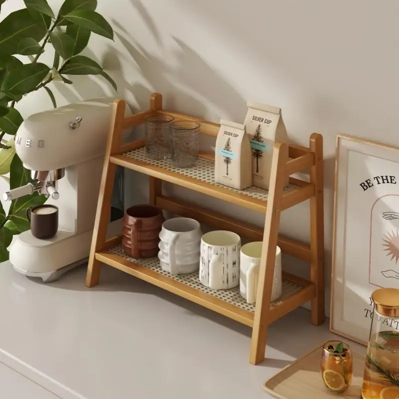 Double-tiered Bamboo Countertop Storage Rack, Modern Cream Style, Natural Bamboo Material, Tiered Design - Multi-purpose