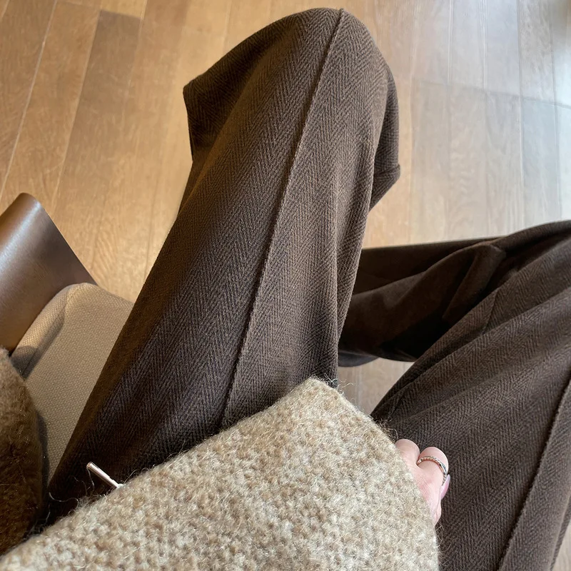Womens High Waist Herringbone Wool Wide Leg Trousers 2026 Spring Autumn Casual Straight Pants Plus Size Elegant
