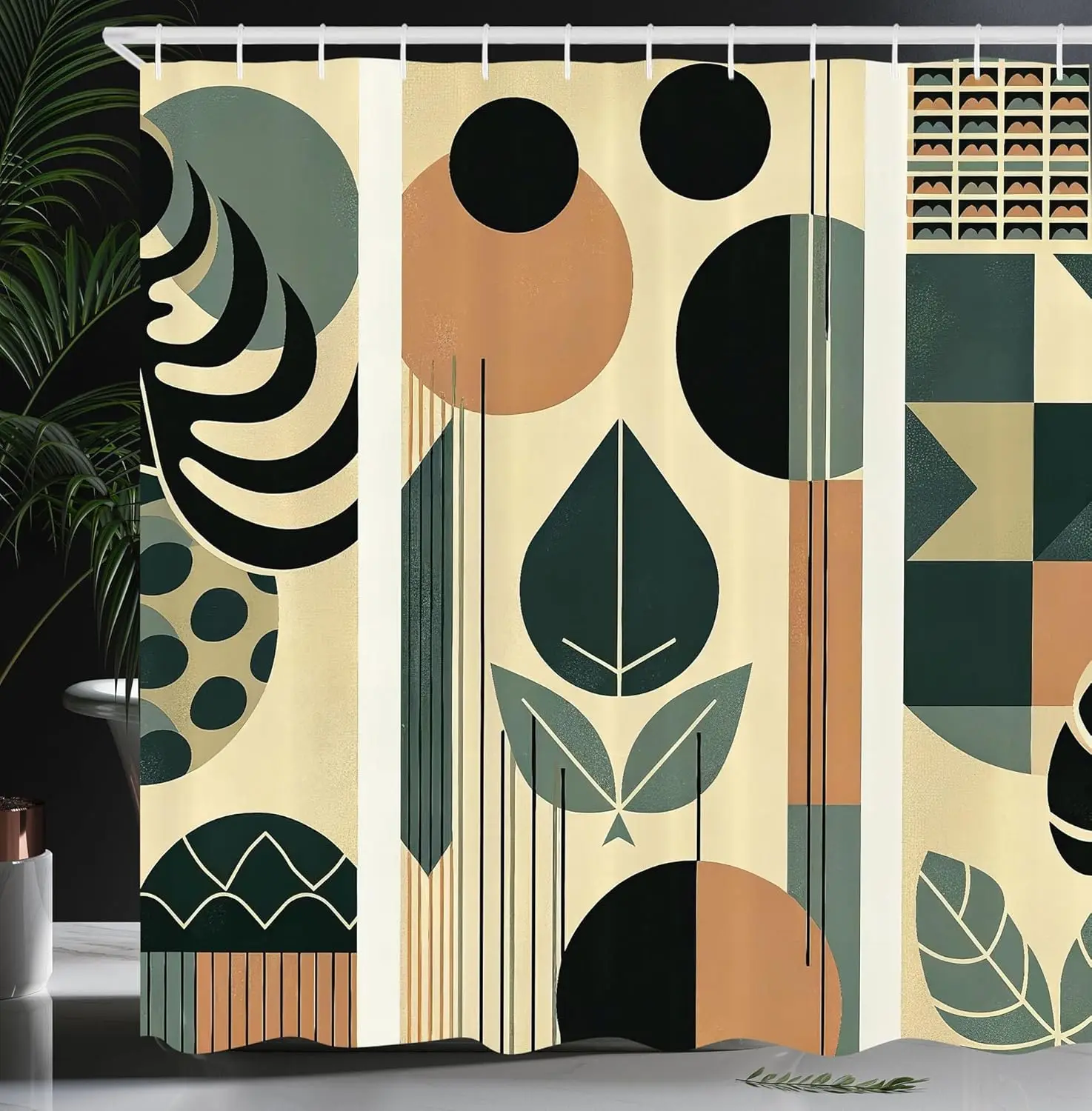 Boho Abstract Mid Century Geometric Shapes and Leaves Evergreen,Cloth Fabric Bathroom Decor Set with Hooks,Pale Reseda Green and