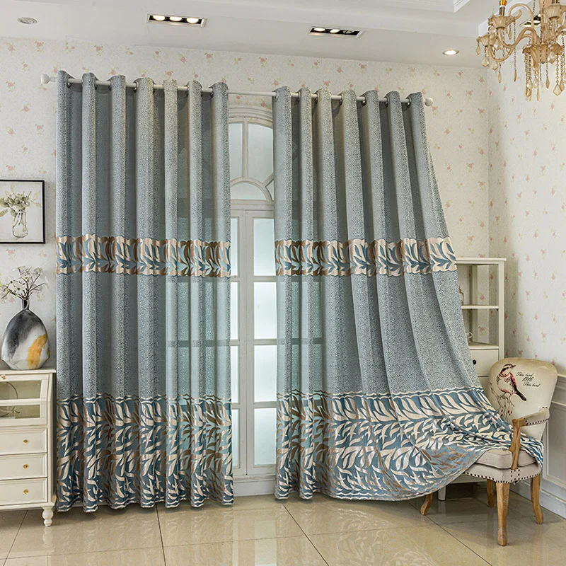 High-End Jacquard Hollow Shading Curtains European Blue Living Room Bedroom Perforated Curtains Luxury Privacy Window Screen