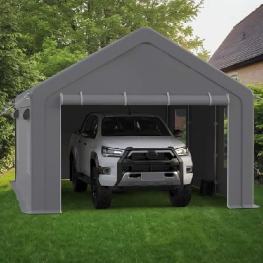 13 x 20 FT Heavy Duty Carport for All-Season Use, Grey Reinforced Steel Poles, Portable Garage with Roll-Up Mesh Windows Remova