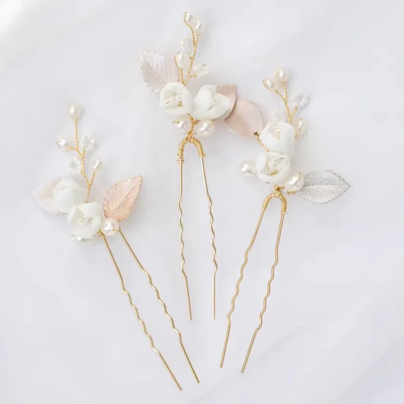 Floralbride Handmade Ceramic Flower Freshwater Pearls Bridal Hair Pin Wedding Hair Sticker Women Girls Jewelry Hair Accessories