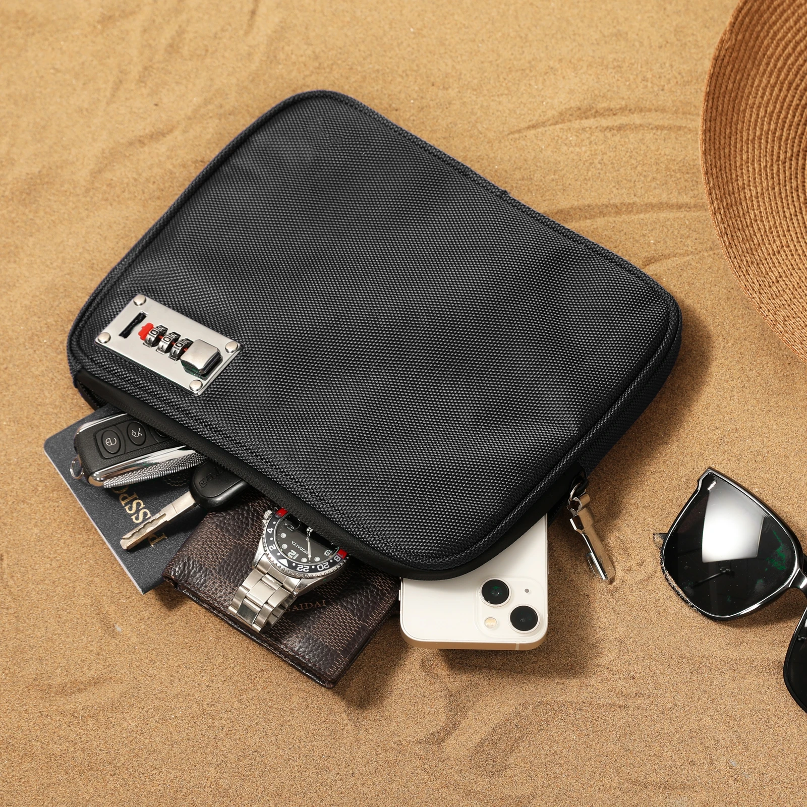 Lockable Beach Bag with Cable, Oxford Fabric, Travel Bag for Passport, Phone, Cash and Important Items