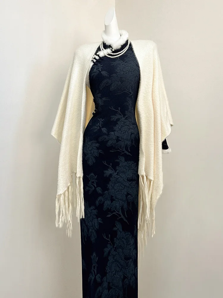 

Ретро-платье-ципао с длинными рукавами, темно-синее, с флисовой подкладкой, для женщин, элегантное и теплое, идеально подходит для новогодних праздников