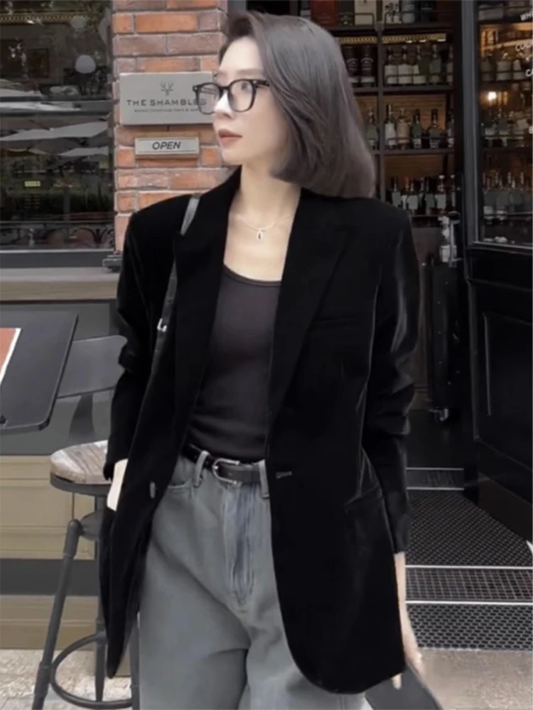 

Женский бархатный пиджак Ele Bla: осенне-зимняя приталенная верхняя одежда для женщин, укороченный фасон, маленькие размеры, в западном стиле