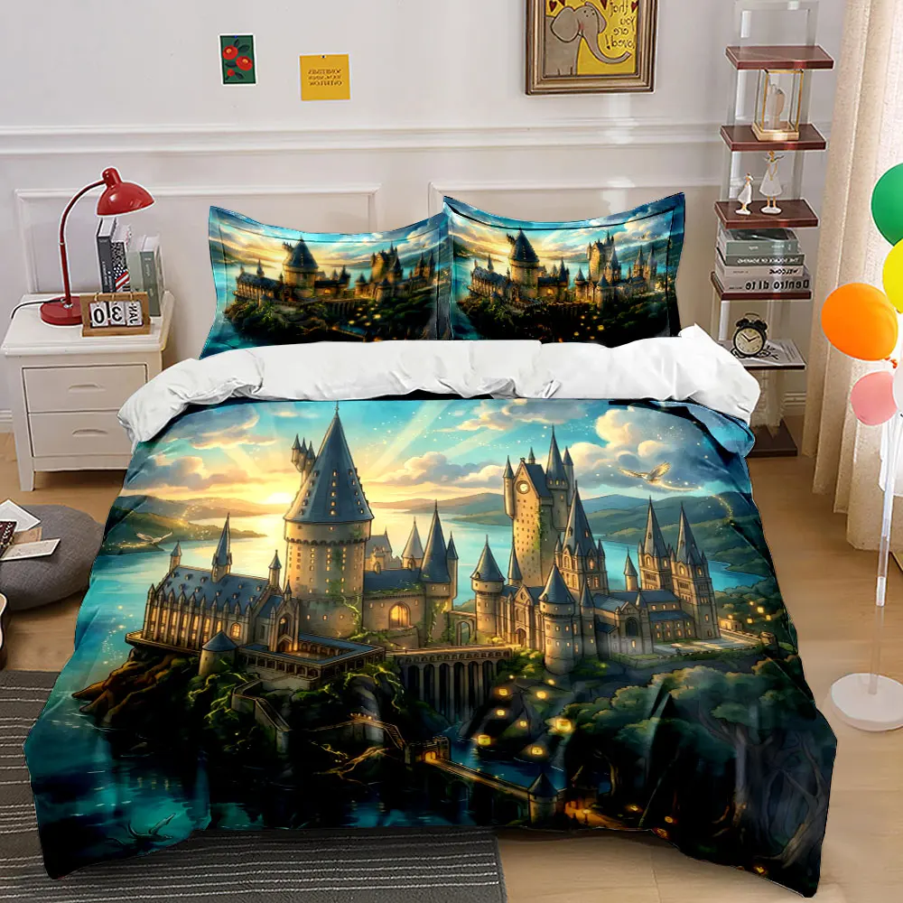 Magical castle with sunset lake view Print Bedding Set 1Duvet Cover 2 Pillowcases for Adult and Children Luxury Gift Full Size