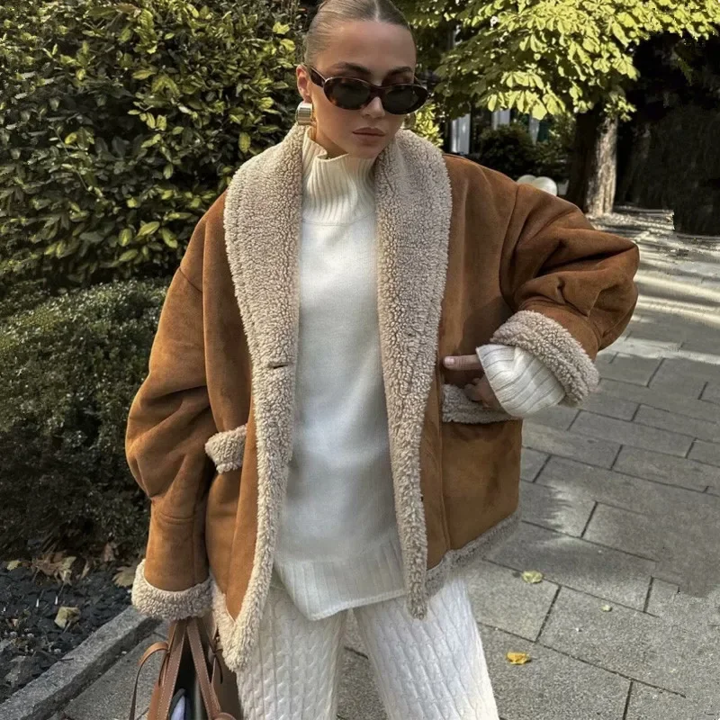 2024 New Fashion Women Autumn Winter Woolen Coat Turn Down Collar Single Breast Loose Short Jacket Streetwear