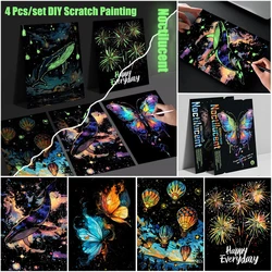 4 Pcs/Set A4 DIY Scratch Painting Luminous Animal Butterfly Whale Landscape Night View Scratch Painting Artistic Works