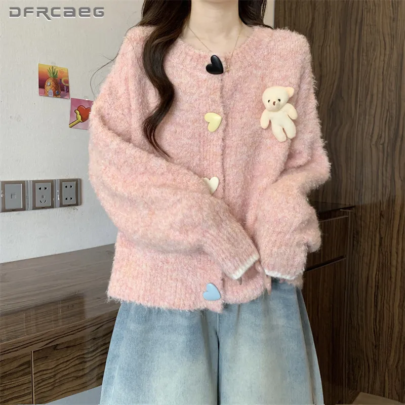 

Новые поступления, утепленный мягкий милый зимний свитер с длинными рукавами, свободный вязаный кардиган на пуговицах, вязаный топ с куклой-медведем