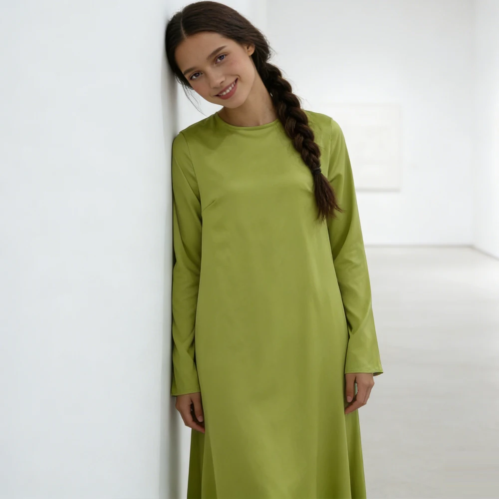 

Модное мусульманское атласное платье однотонного цвета для женщин на Ид Рамадан, Дубайская абайя, кафтан, исламская одежда, турецкий халат, арабское платье-роксана