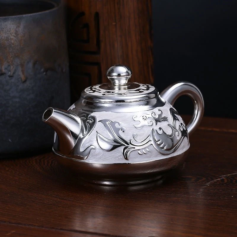 Silver Cup 999 pure silver dragon totem tea set wine set tray pot european-style retro tea set