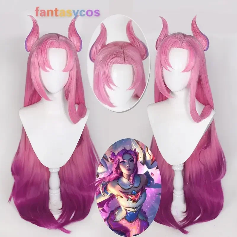 Game lol star guardian kaisa cosplay wig pink purple gradient 100cm long synthetic hair heat resistant halloween party role play