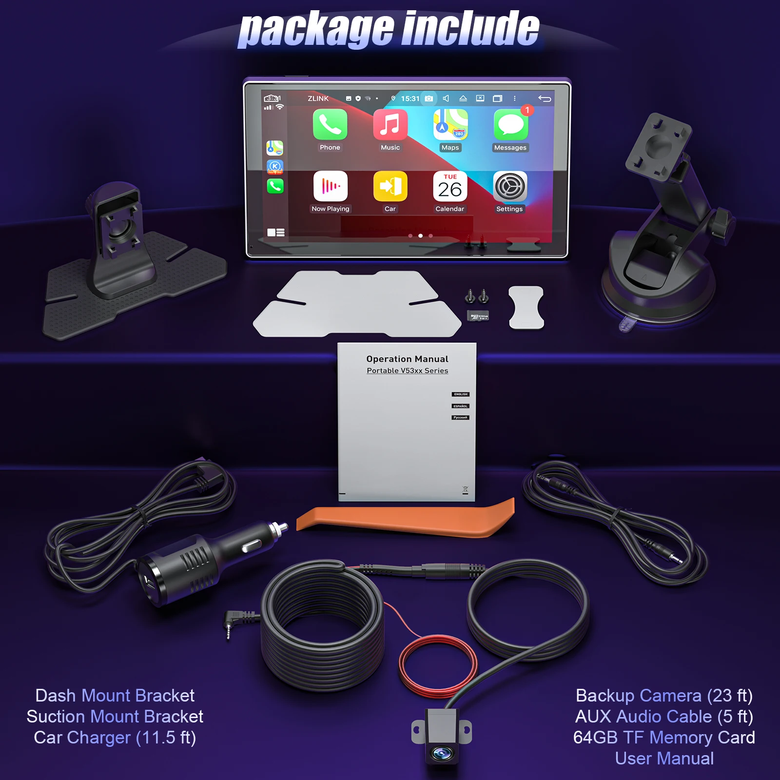 شاشة CarPlay اللاسلكية المحمولة مقاس 9 بوصات للسيارة، ستيريو سيارة CooCom UHD مع شاشة تعمل باللمس مع Apple CarPlay Android Auto، كاميرا داش 4K #6