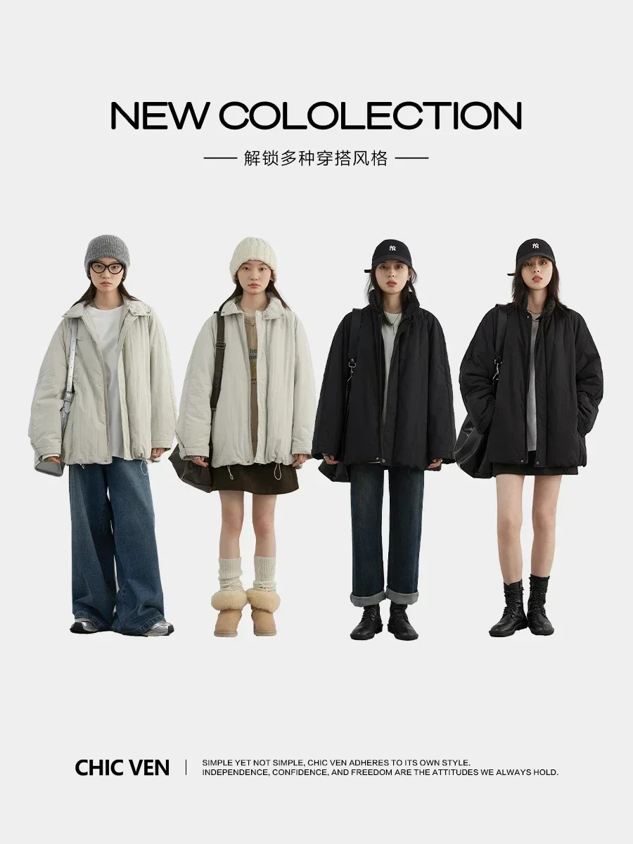 CHIC VEN Mantel Parka Pendek Wanita Pakaian Anak Perempuan Solid Kasual Longgar Jaket Berlapis Katun Wanita Olahraga Musim Gugur Musim Dingin Baru 2024