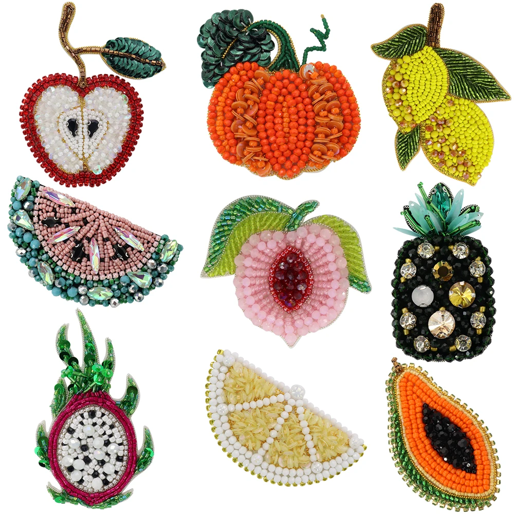 Pitaya Apple Papaya Pumpkin Lemon Sew on Patches Fruit Watermelon Peach Pineapple Repair Bead Rhinestones Sequin Applique