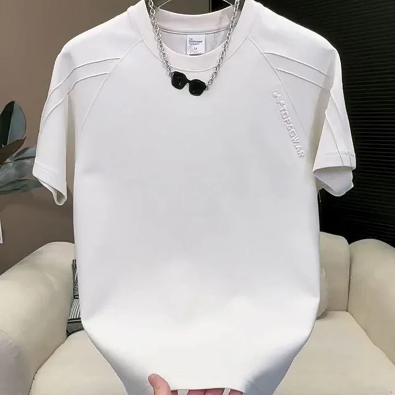 LIBIELIY Fashion O-Neck Spliced Solid Color Letter T-Shirts Men Clothing 2025 Summer New Loose Short Sleeve Korean Tops Casual T