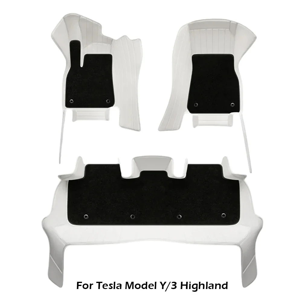 Leather Floor Mats for Tesla Model Y 3 Highland Single/Dual-Layer All Weather Leather Base Floor Liner and Removable Soft Carpet