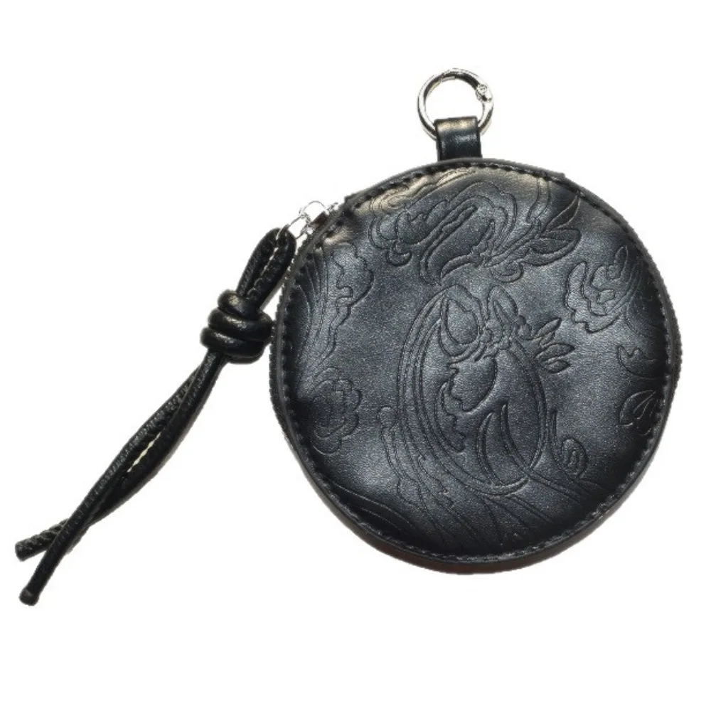 PU Leather Round Coin Purse Zipper Closure Embossed Pattern Zipper Coin Pouch Cord Pull Round Shape Change Purse