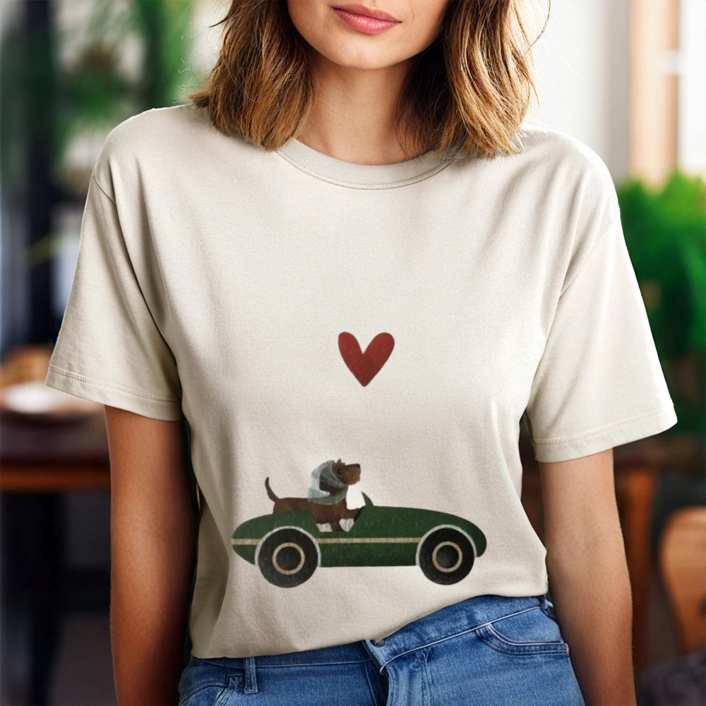 

Women's Stylish Cotton Tee Cartoon Dog Driving Car Heart Graphic Y2K Trend Comfy Daily Style Soft Fabric