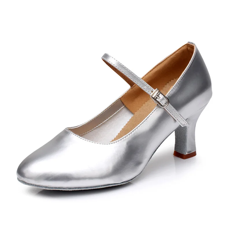 Chaussures de danse modernes à talons moyens pour femmes adultes, vêtements de danse carrés à semelles souples, chaussures de scène argentées Chacha latine pour femmes