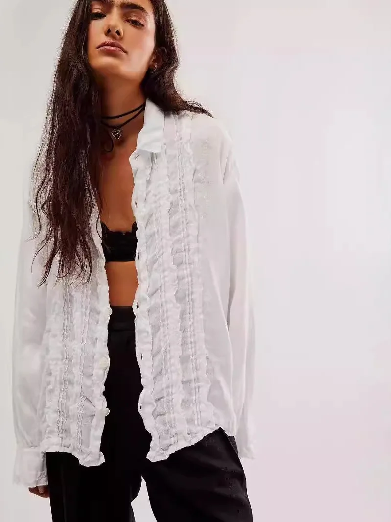 قميص نسائي فضفاض بياقة دانتيل وأكمام طويلة، نمط كاجوال من القطن الخالص، قميص مريح مناسب لموسم الخريف