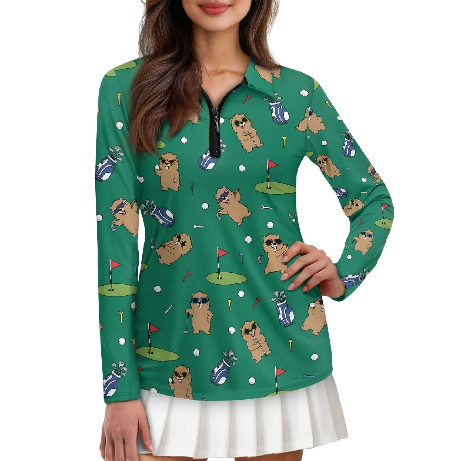PENSTROLL Golf Marmot Green Print Womens Comfortable Tennis Polo Shirt Quick Dry Athletic Shirts for Cycling