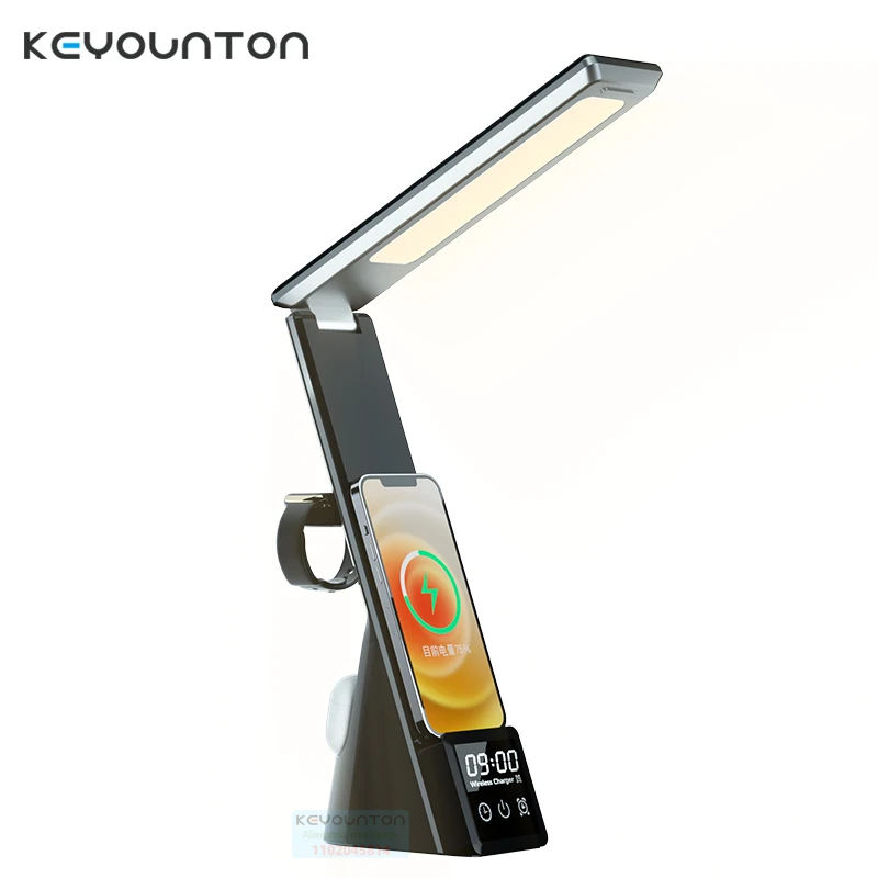 5IN1 Alarm Clock Wireless Charger Stand for IPhone 15 14 Plus 13 12 11 ProMax Watch AirPods Table Lamp 15W Fast Charging Station