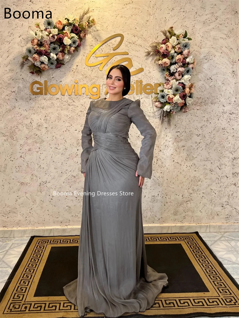 Booma لامعة حورية البحر س الرقبة طويلة الأكمام فساتين حزب أثواب رسمية للنساء مطوي فستان حفلات أنيق تخصيص
