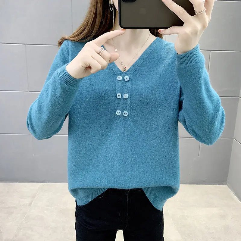 Women\'s Clothing Office Lady Solid Color Pullover V-Neck Button Long Sleeve Sweater Knitted Casual Screw Thread Elegant Tops