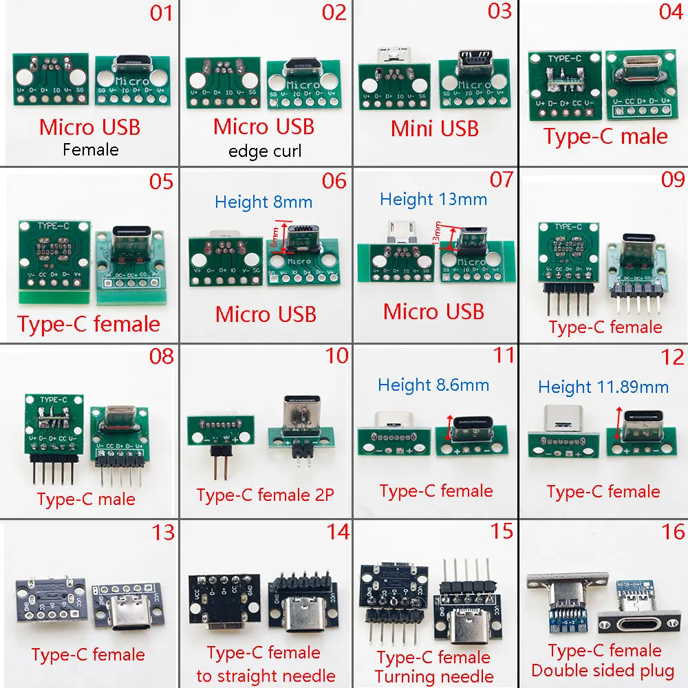2szt Micro Mini USB Typ C USB 2.0 3.0 Męskie żeńskie złącze PCB 90 stopni z pinem Nagłówek Kabel do ładowania danych Płytka testowa