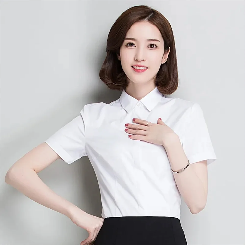

Summer Short Sleeve Black White Women's Shirt Solid Color Slim Fit Professional Blouse Office Ol Work Clothes Button Shirt