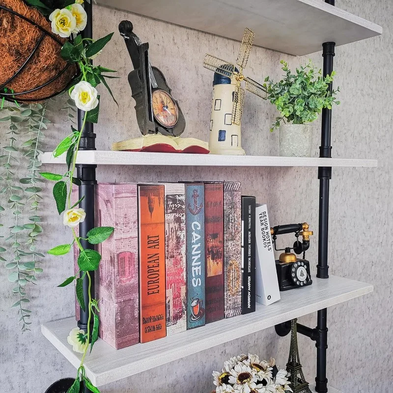 Pipe Shelves, Wall Mounted Wood Metal Industrial Shelves, Ladder Bookshelf for Living Room