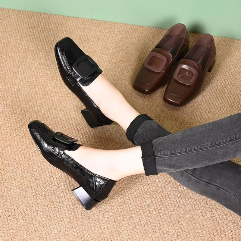 

Women PU Slip On Square Middle Heel Shoes 3-5cm Low Cut Round Toe Non Slip Rubber Sole Comfort Casual Daily Walking Shoes