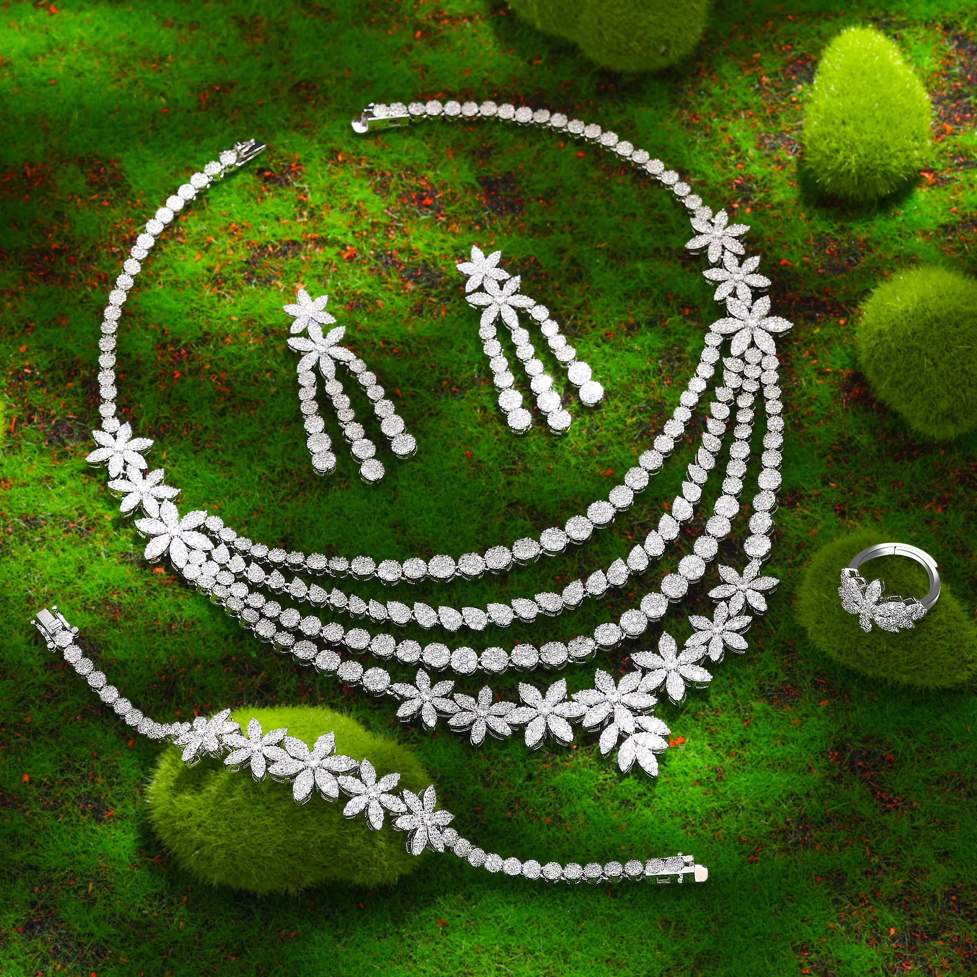 2024 Top Four Piece Nigerian Bride Zircon Women's Party Luxury Dubai Necklace Bracelet Earrings Crystal Wedding Jewelry Set