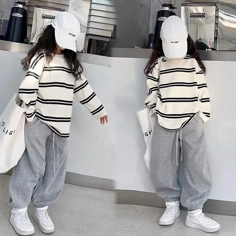 New Girls Striped Sets Children Round Neck Top Sweatpants 2 Pieces Autumn Kids Casual Fashion Loose Suit 5-14 Years Old