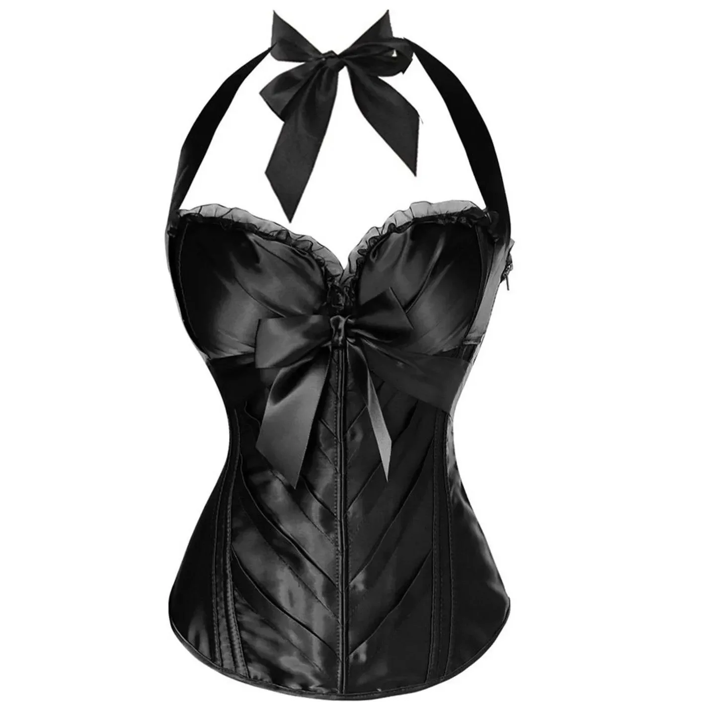 Women Vintage Victorian Corset with Halter Straps Satin Lace Bowknot Decorated Overbust Bustier Zipper Top Lace-up  Korsett