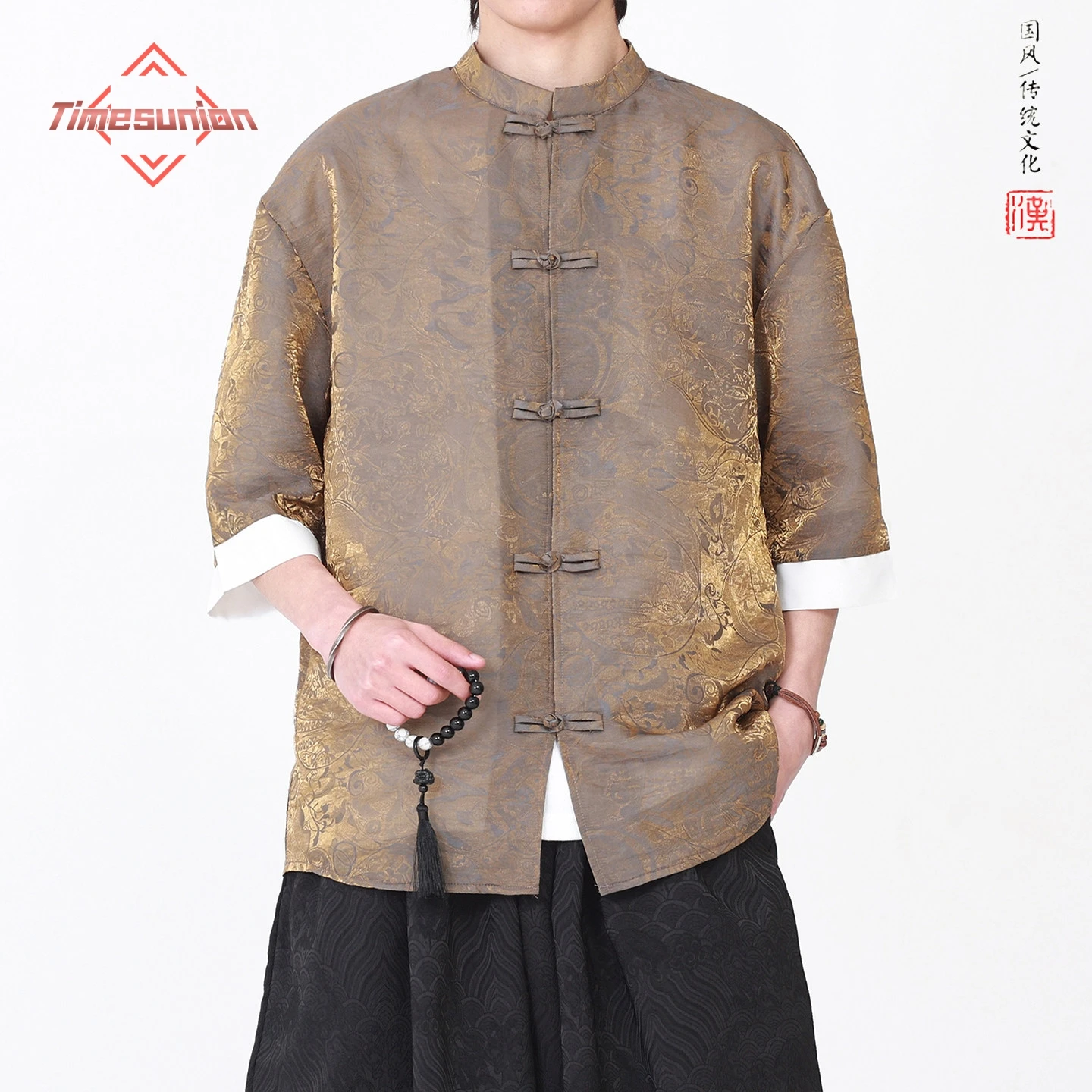 

Новая мужская рубашка в китайском стиле с коротким рукавом, роскошная, с красочным градиентным жаккардовым узором, прохладная летняя рубашка из ледяного шелка