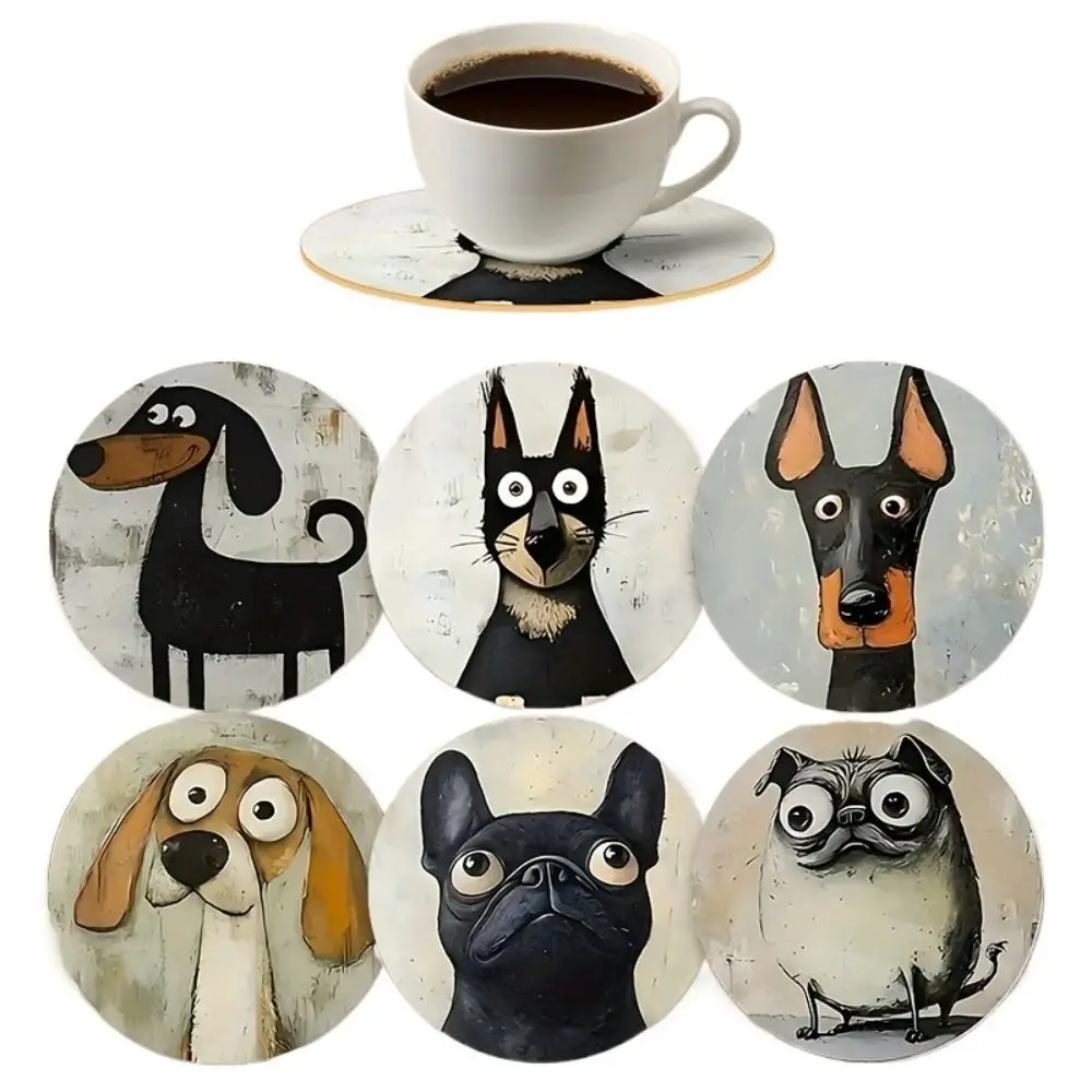 6pcs Portable Heat Insulation Wooden Dog Coasters Cute Pattern Drink Protection Cute Design Coasters Home Coasters Tea Time