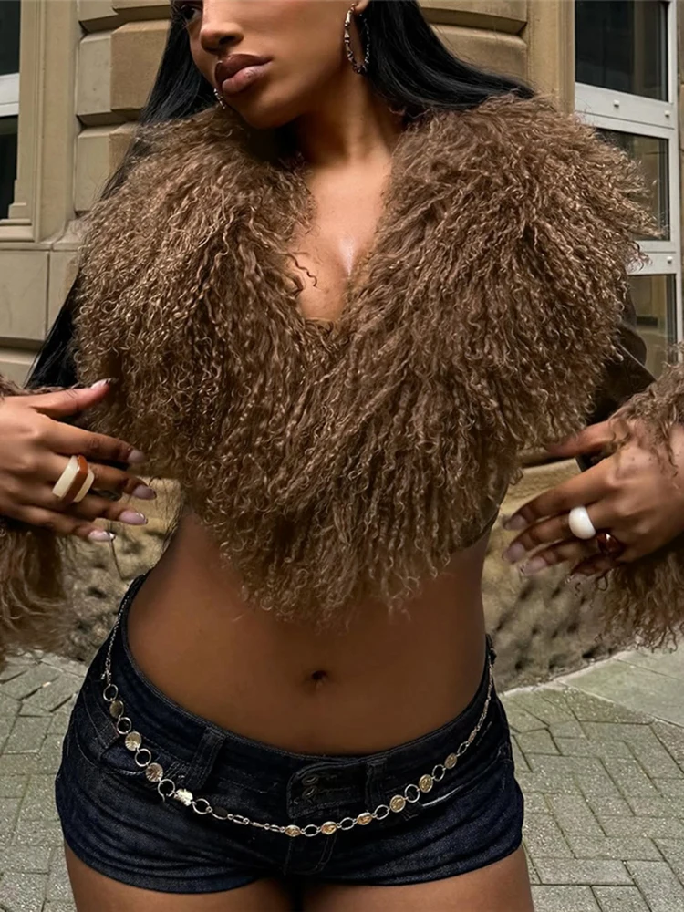 Kliou Furry Tassel Decoration Coats Woman Autumn Trend Low-Neck Full Sleeve Navel Exposed High Street Wild Style Classic Tops