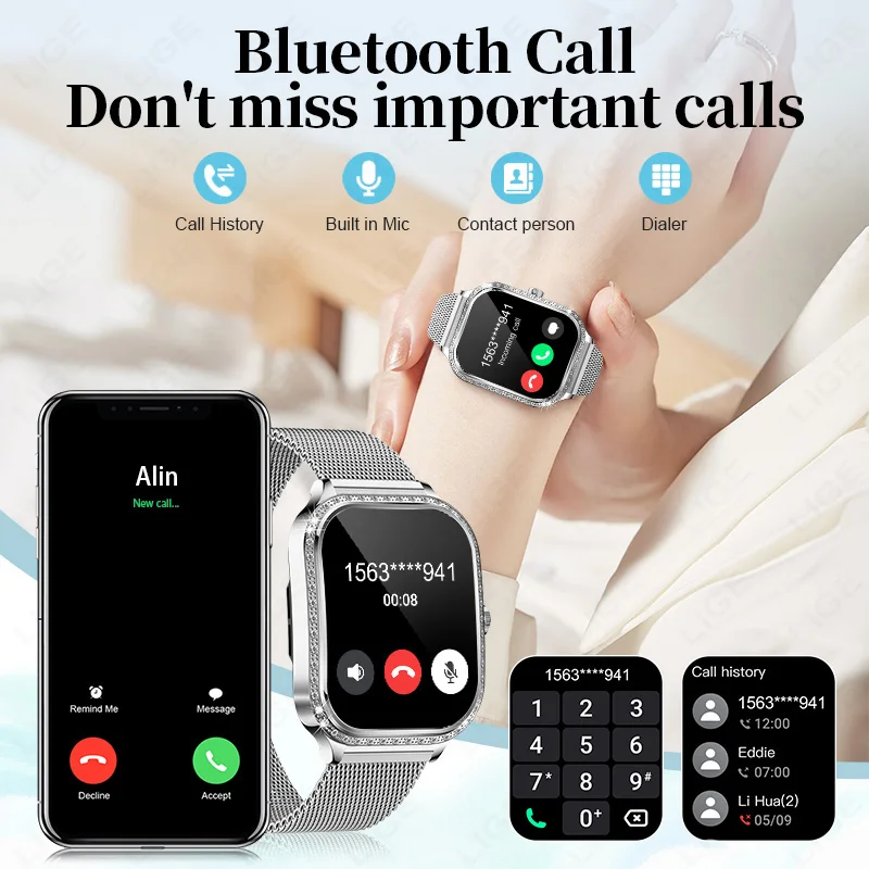 LIGE New Fashion Women's Smart Watch Heart Rate 1.75 Inch HD Screen Diamond Watch Bluetooth Call Waterproof SmartWatch Ladies