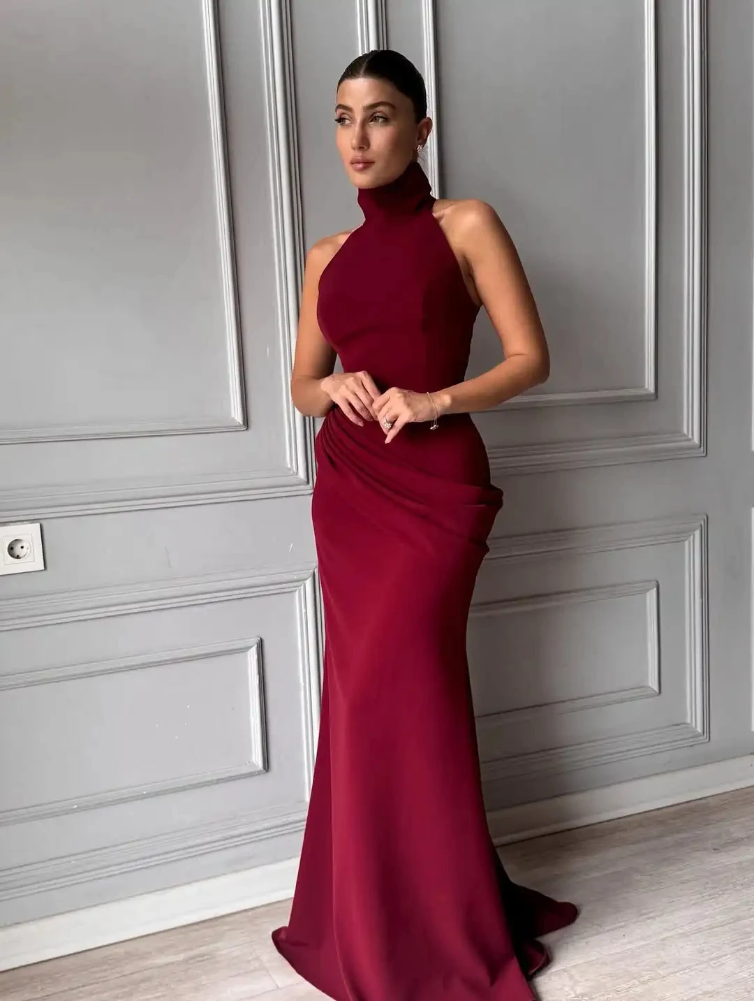 

Customized Mermaid High Neck Sleeveless Pleated Evening Dress Women's Elegant Slimming Beaded Back Zipper Floor Length Prom Gown